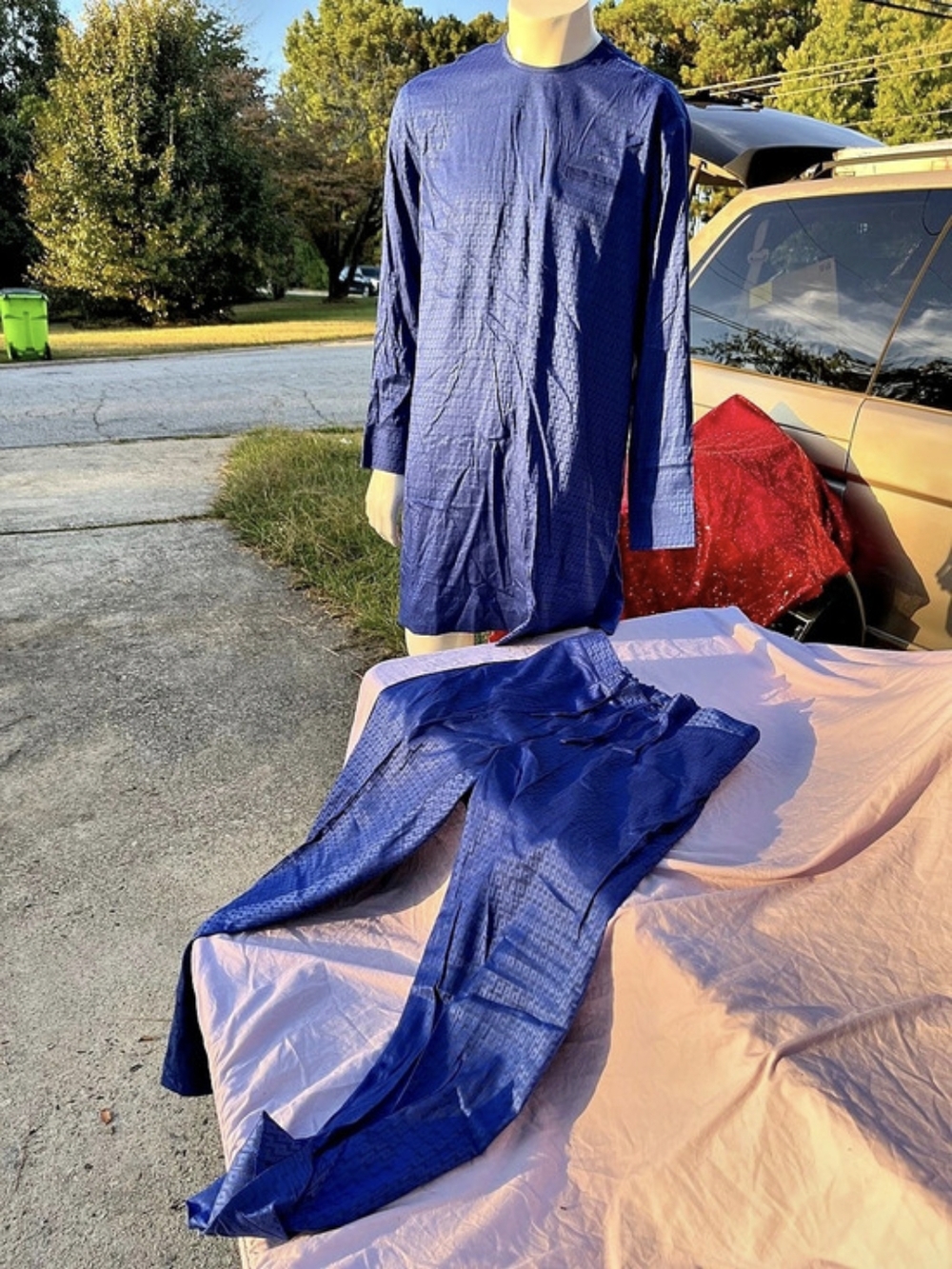 Men's Custom Designed Mosque Attire ~ Blue Geometric Tunic & Pants  - Medium